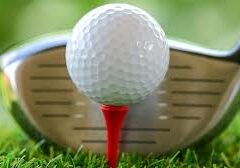 A golf ball is setting a tee with a club behind it. 